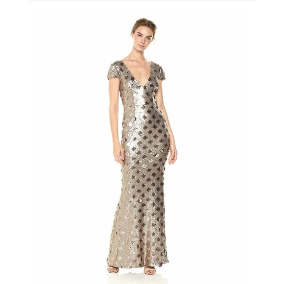 Dress The Population Lina Cap Sleeve Gold Sequin Gown Maxi Dress Size L - Picture 1 of 16